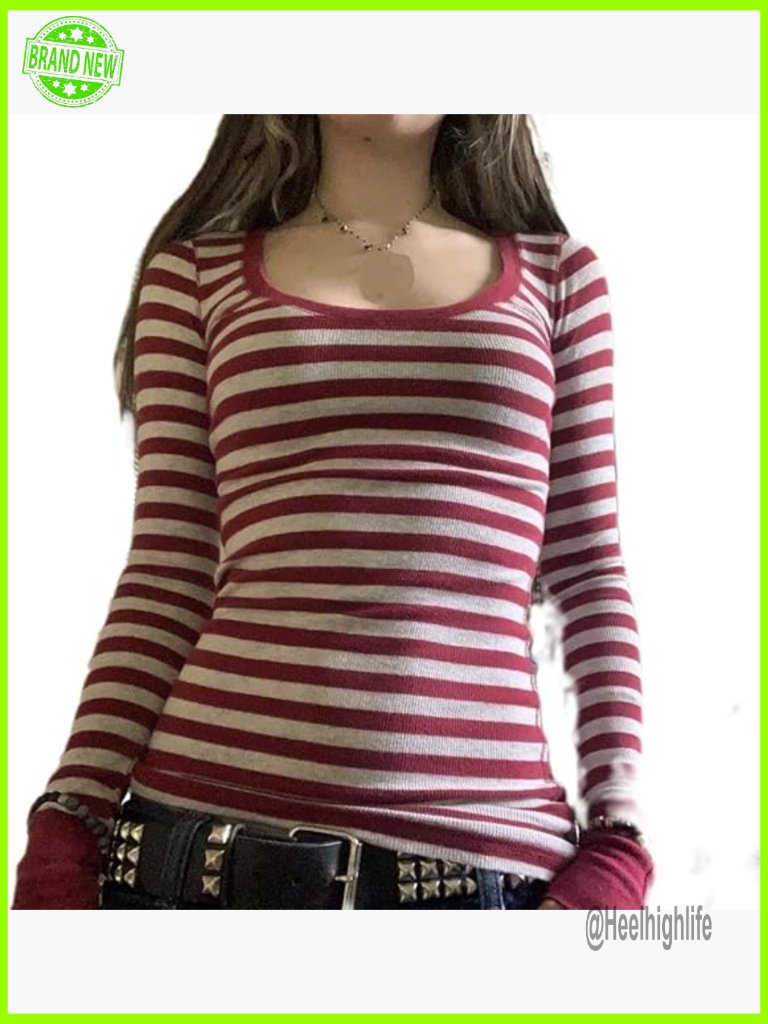 Y2k Striped Long Sleeve Crop Top Slim Fit Grunge Vintage Tee